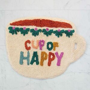 Natural Life Cotton Shaggy Bath Mat Cup of Happy Crean Multi Coffee Print OS NWT